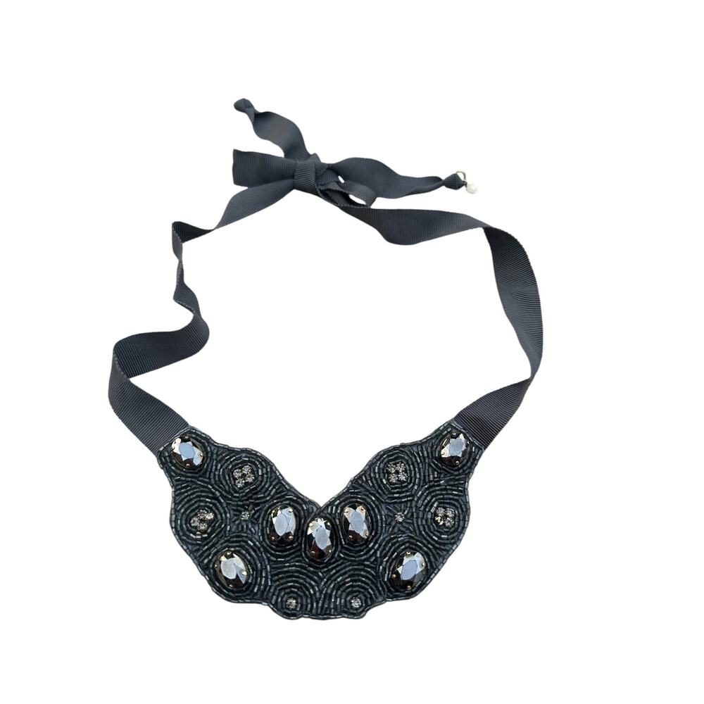 J. Crew beaded bib necklace grey silver sparkly jewelry ribbon gift office event